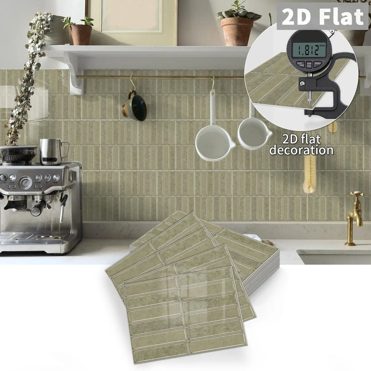 Peel-and-stick tile decal sheets, light olive green square grid pattern, flat 2D