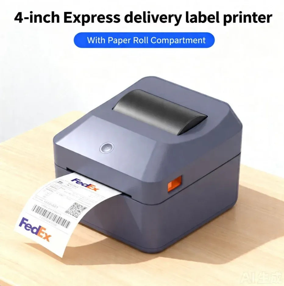 4-inch thermal shipping label printer in gray with paper roll compartment and label
