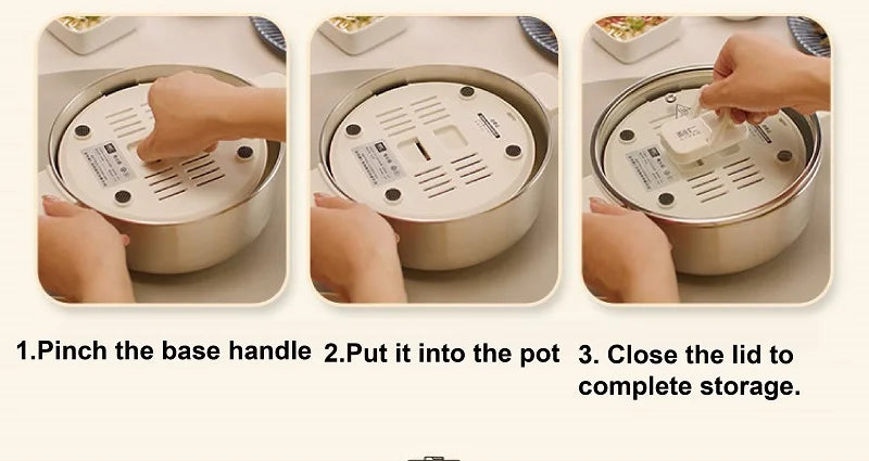 White electric hot pot base with vented underside and stainless lid