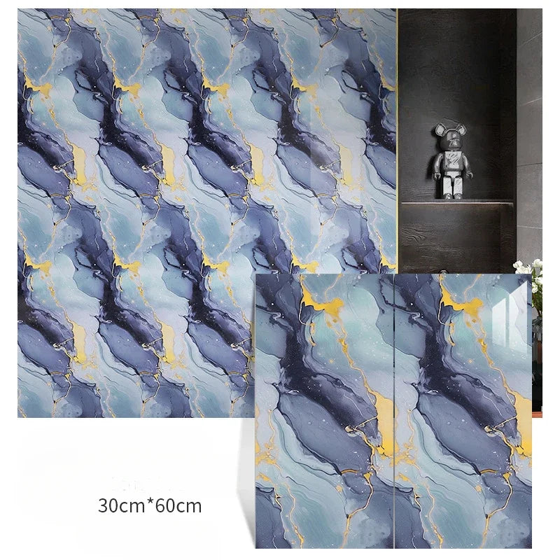Self-adhesive marble-pattern wall sticker set, blue stone look with gold veins, 3-panel