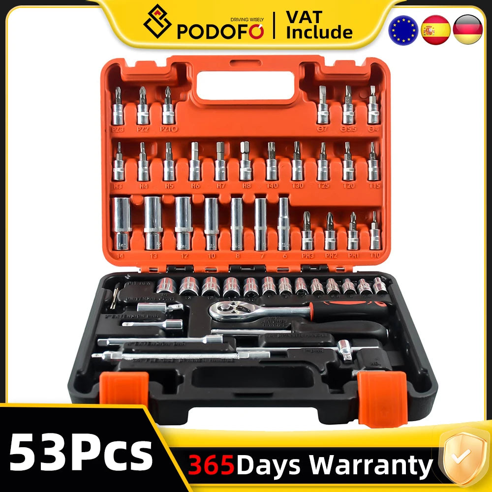 Podofo 53Pcs Ratchet Wrench Tool Set with Sockets 1/4 inch Drive Bit Socket Set Grade Chrome Vanadium Mechanics Tool Auto Repair