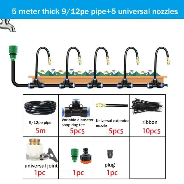 9/12 pipe irrigation sprinkler kit components diagram for 5m setup and nozzles