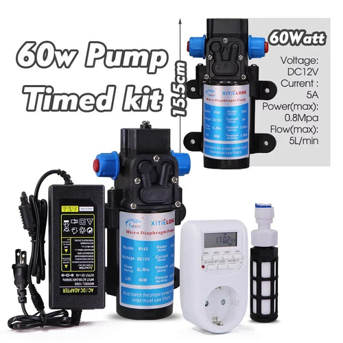 Timed pump irrigation kit with blue pump, power adapter, and digital controller