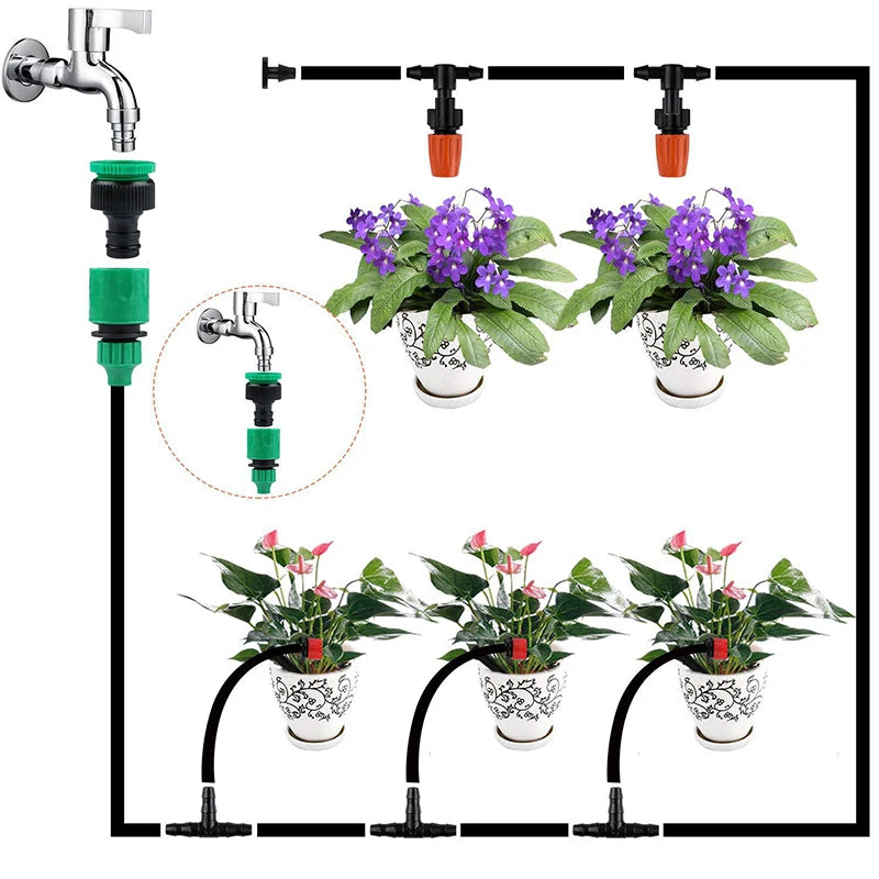Garden drip irrigation setup with tubing and green connectors feeding potted purple flowers