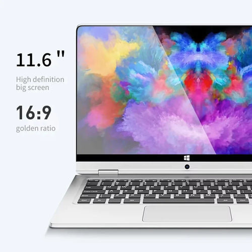 Silver 11.6-inch 2-in-1 laptop with narrow bezels, a Windows start button, webcam, black keyboard, and trackpad.