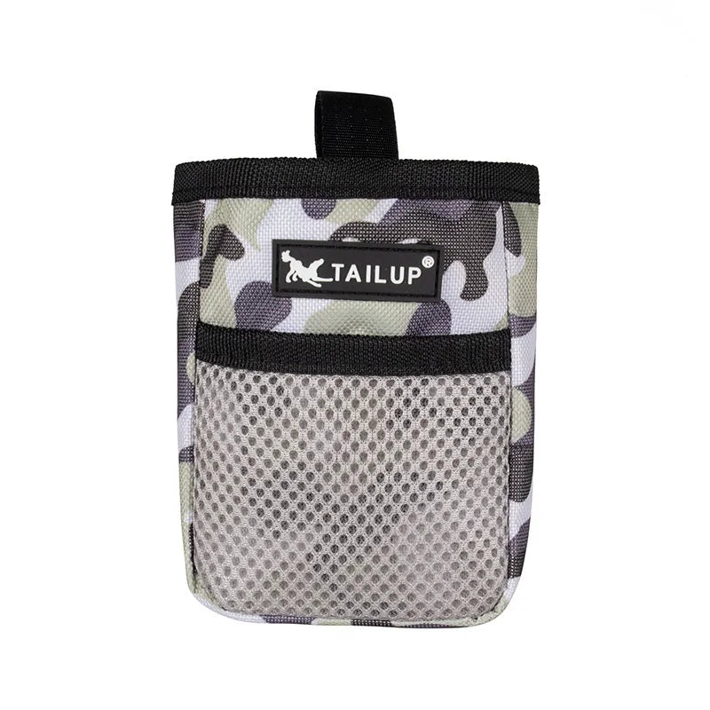Camo dog training treat pouch with mesh pocket for easy obedience rewards and agility snack feeding.
