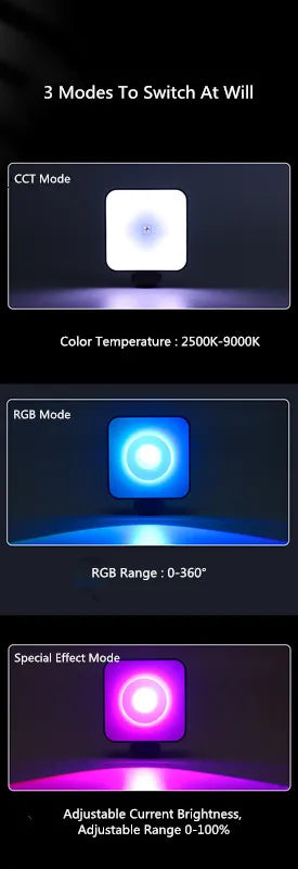 Square portable LED video light with CCT, RGB, and special effect modes for adjustable photography lighting.