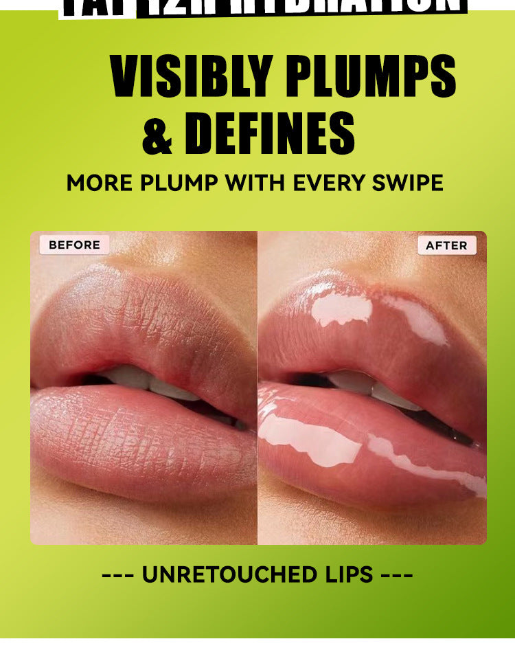 Before and after of lips using a transparent, moisturizing glitter lip plumper for a glossy, hydrated finish.