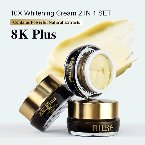 AILKE 8K Plus whitening face cream jar with open lid and matching pump bottle