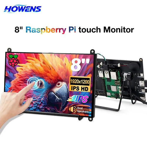 8-inch 1920x1200 IPS touch monitor with finger interacting on screen, showing rear-mounted Raspberry Pi and stand.