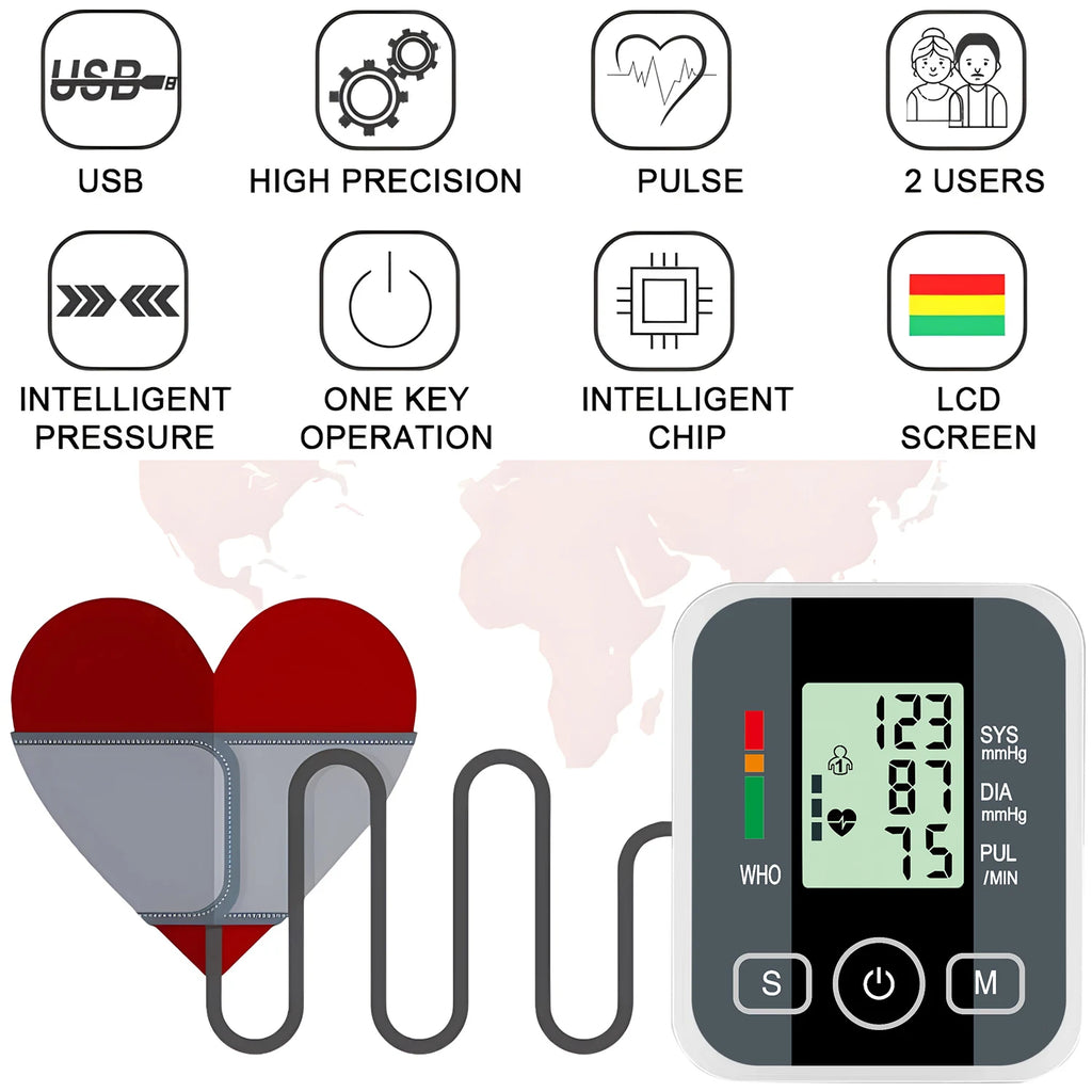 Portable LED Upper Arm Blood Pressure Monitor Portable Digital Tonometer Sphygmomanometer BP Monitor