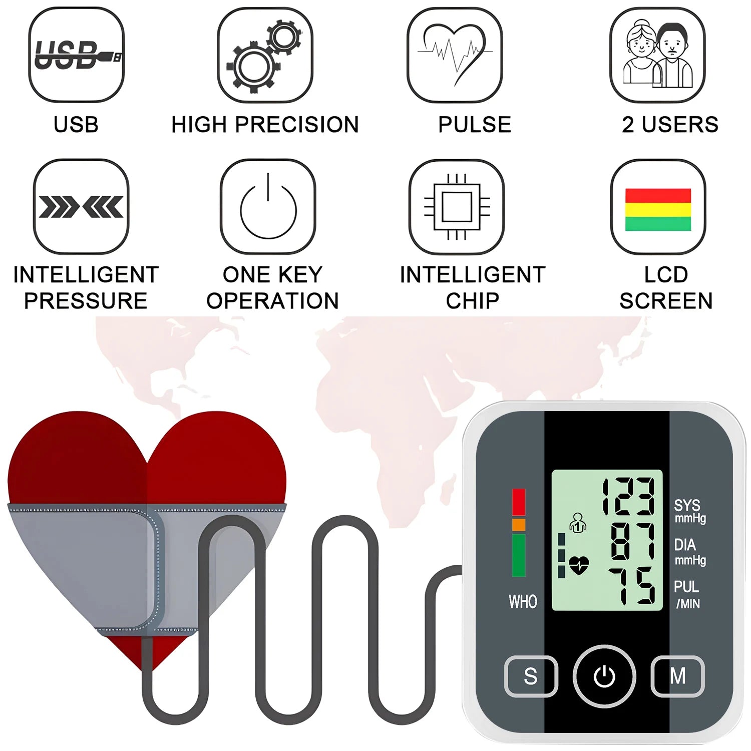 Portable LED Upper Arm Blood Pressure Monitor Portable Digital Tonometer Sphygmomanometer BP Monitor