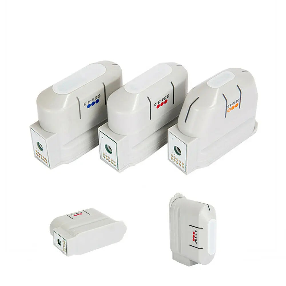 White 10000-shot HIFU cartridges for facial and body treatment. Set of professional transducer heads, various depths.