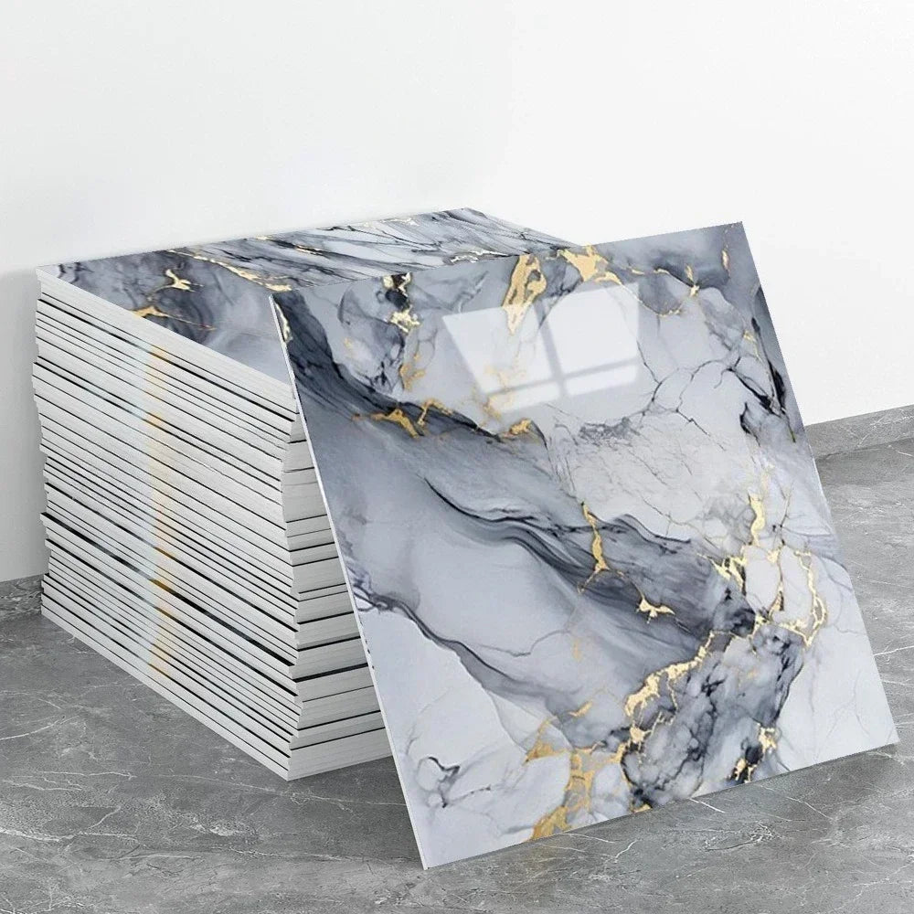 Marble peel-and-stick backsplash wall panel sheets in blue-gray with gold streaks