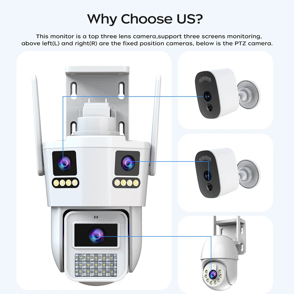 JOOAN 6K 12MP WiFi Outdoor Camera Three Len AI Motion Tracking PTZ  Video Camera Security Protection Waterproof Surveillance