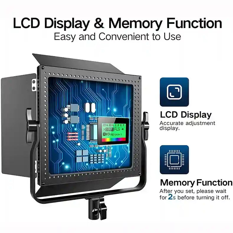Square LED video light with barn doors, digital LCD settings screen, and U-shaped mounting bracket for studio lighting.