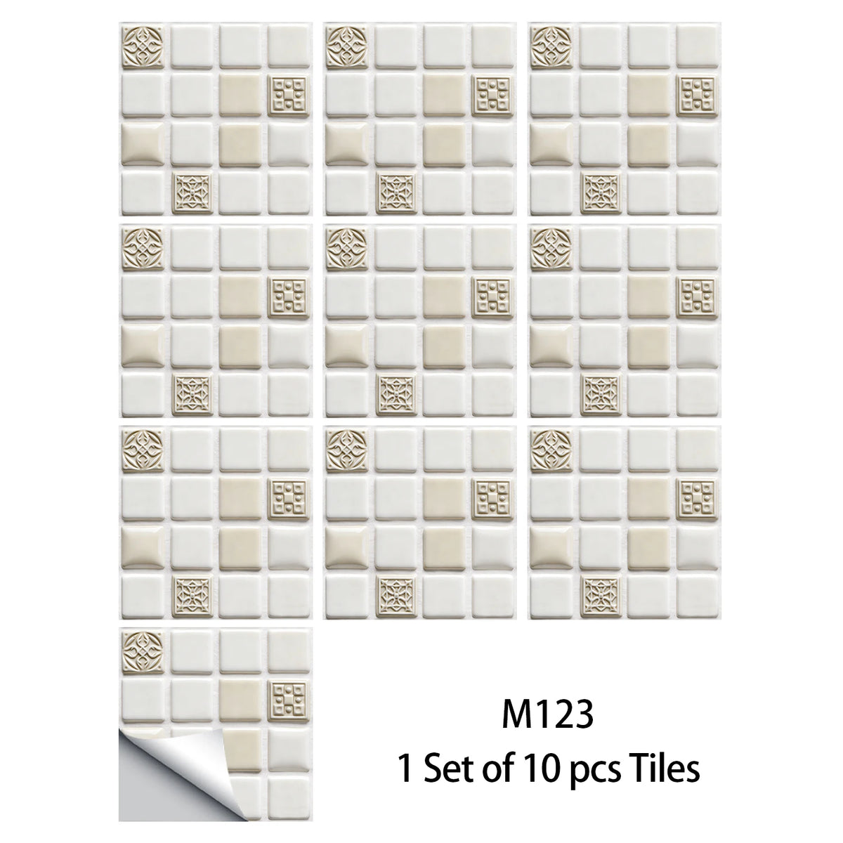 White square mosaic tile sticker set sheet with gold and gray accent tiles