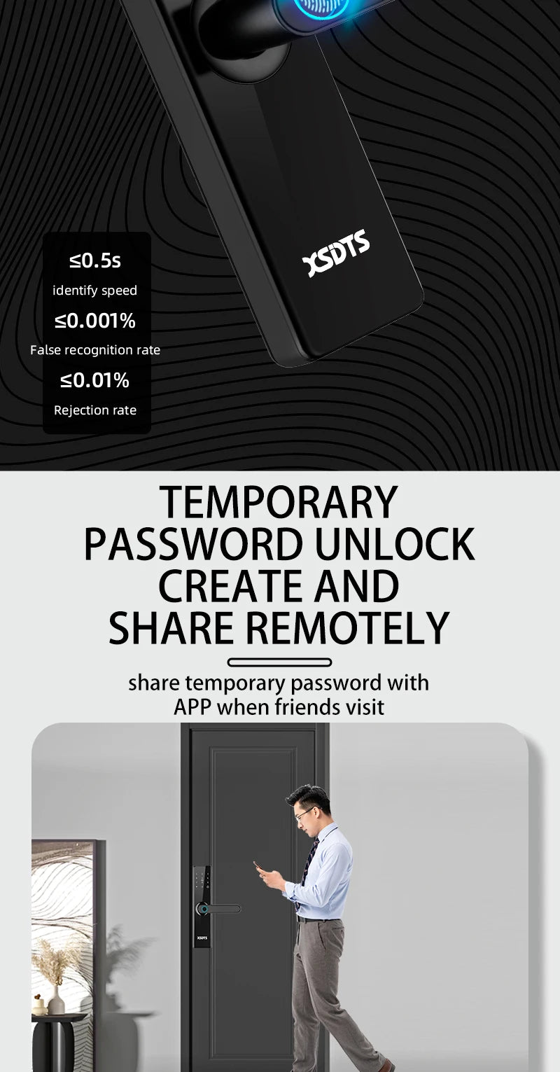 Smart Door Lock With Electronic Biometric Fingerprint Smart Card Password Key Unlock USB Tuya APP Emergency Charge lock