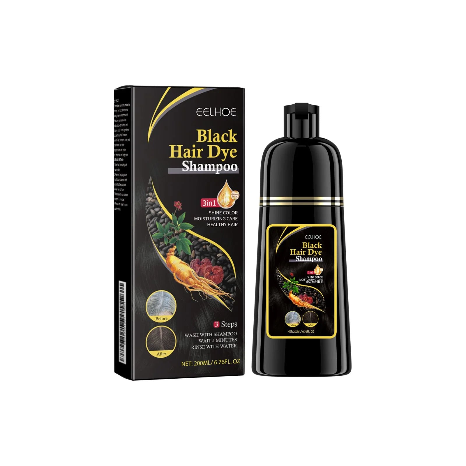 EELHOE White Hair Darkening Shampoo Covers Gray Hair Dye Cleaning Smooth Ginseng 3 in 1 Strengthen Hair Shampoo Color Changing