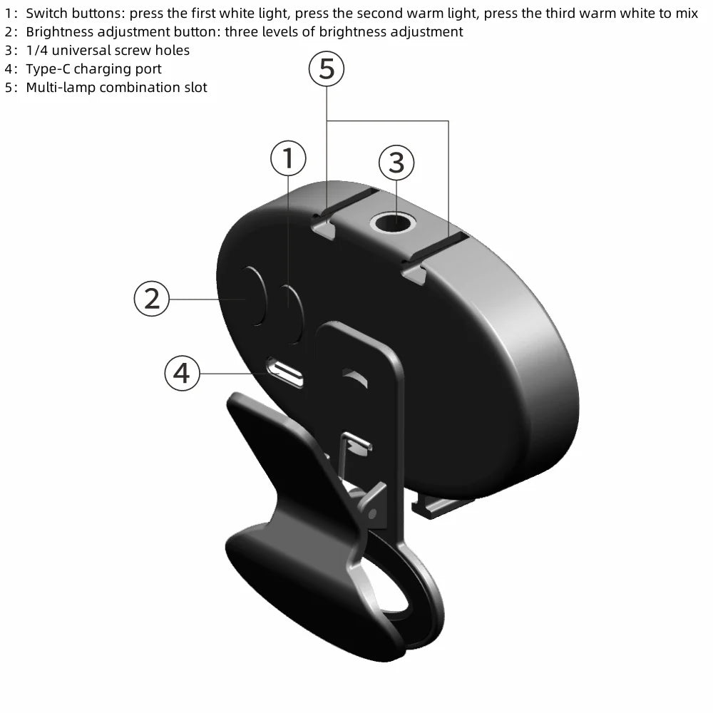Black portable clip-on video light with numbered callouts for buttons, charging port, screw mount, and connection slots.