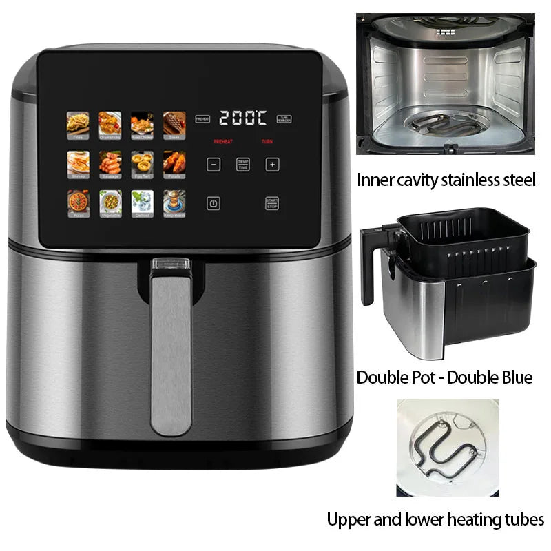Smart Electric Air Fryer Household Multifunctional Automatic Potato Chip Machine 8L Stainless Steel Interior With Window