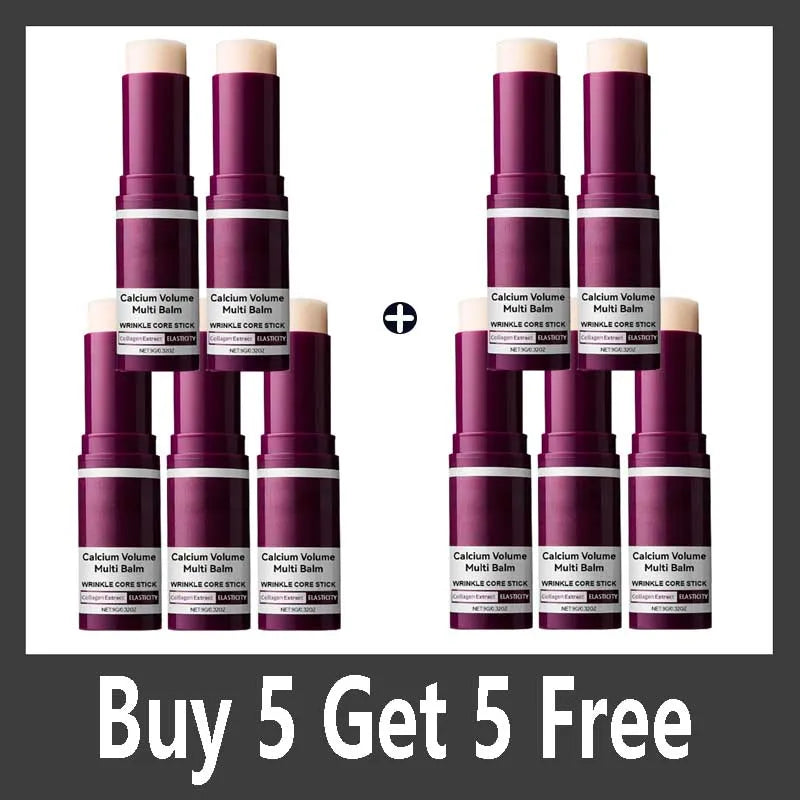 Ten Calcium Volume Multi Balm skincare sticks in dark purple packaging with cream-colored balm tips, arranged in groups.