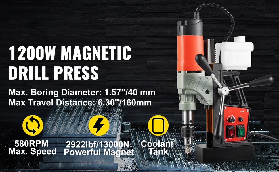 SucceBuy Magnetic Drill 1200W 1.57" Boring Diameter 2922lbf/13000N Portable Electric Mag Drill Press 580 RPM Drilling Machine