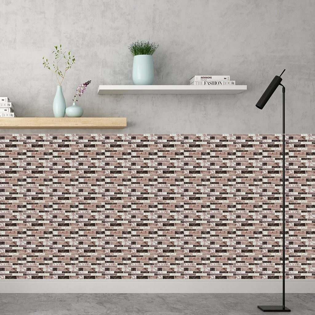 Self-adhesive 3D mosaic tile wall stickers, brick pattern in dark brown and red tones