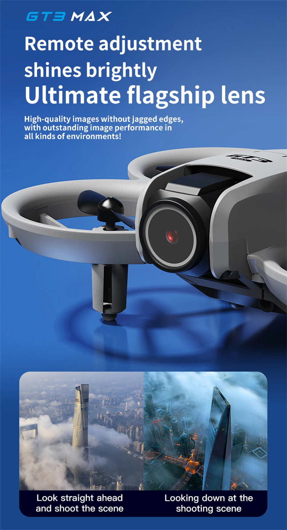 Gray GT3 Max drone featuring a front-facing camera lens, circular propeller guard, and aerial photography capability.