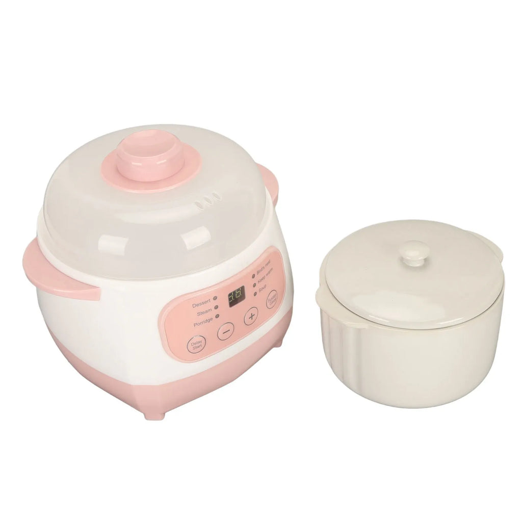 Pink and white mini electric rice cooker with extra inner container and separate lid