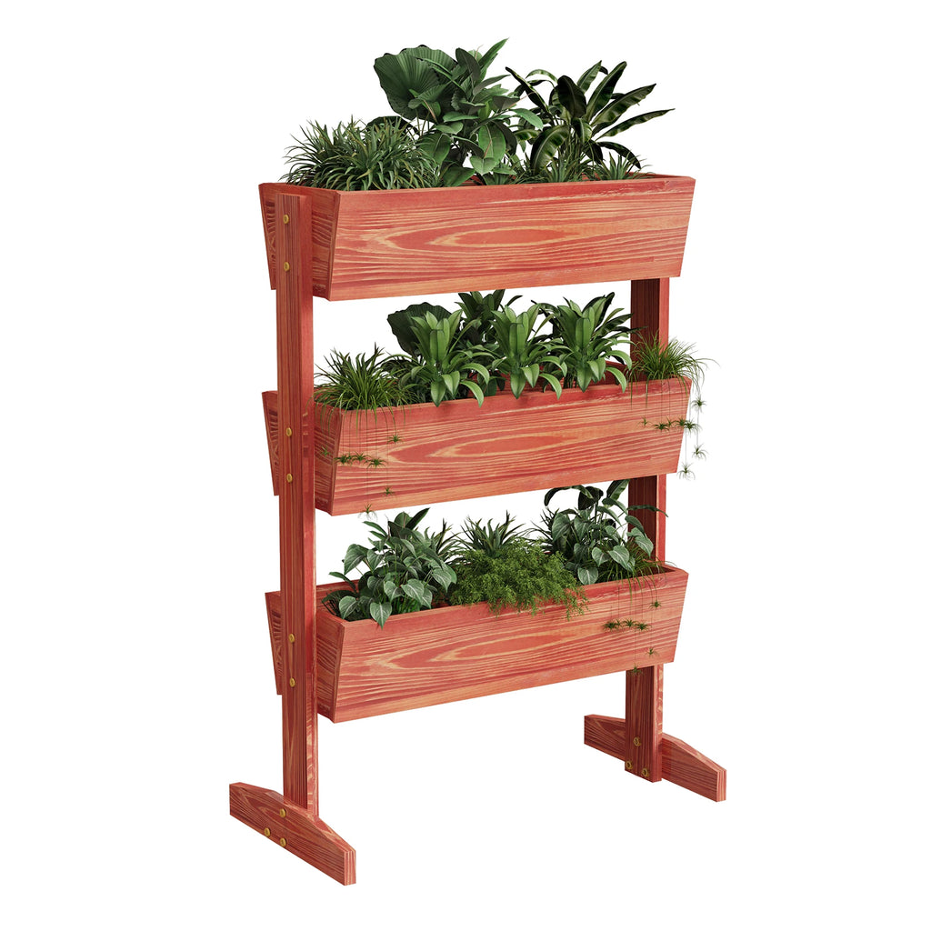 4-tier raised wooden planter box, reddish brown, front view with herb plants