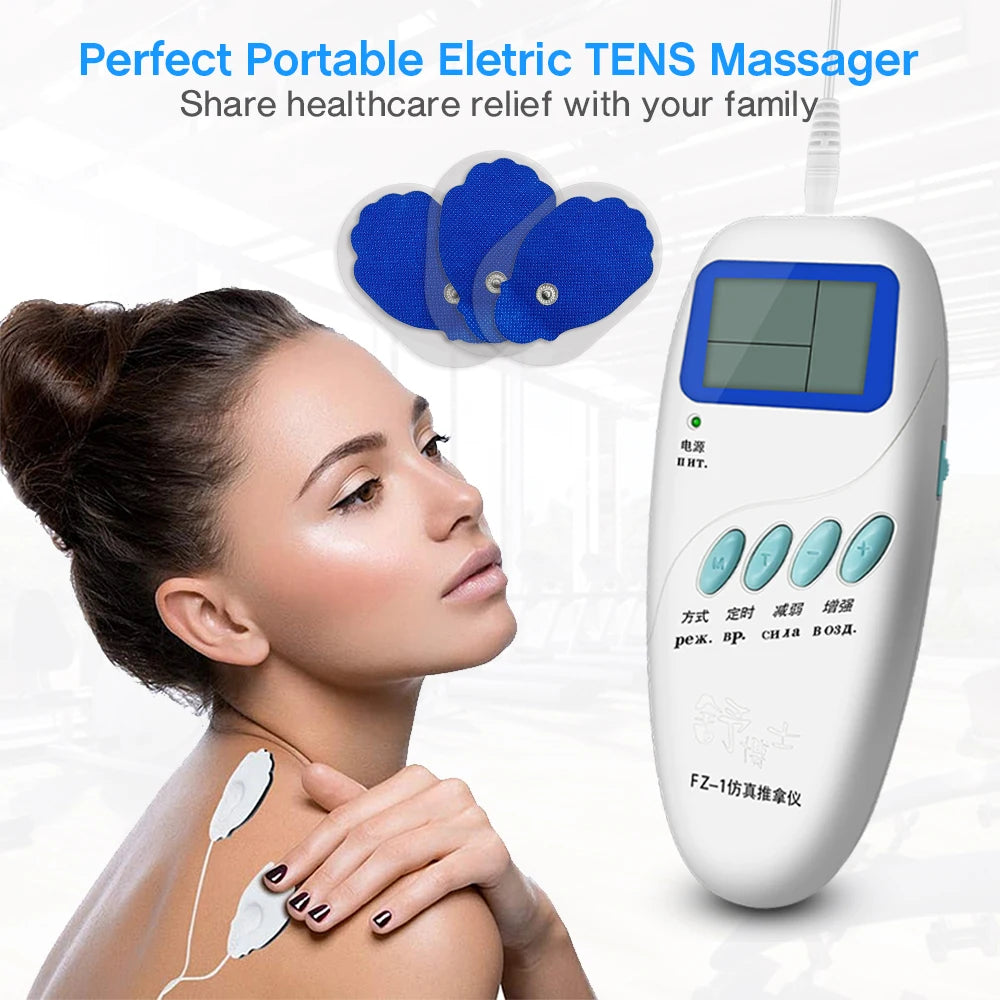 Portable TENS muscle stimulator with LCD screen, blue electrode pads, and body massager for pain relief and therapy.