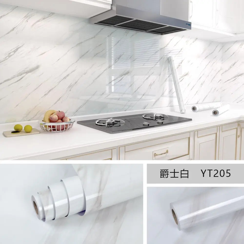 White marble-look waterproof self-adhesive wallpaper roll for kitchen backsplash, sample shown