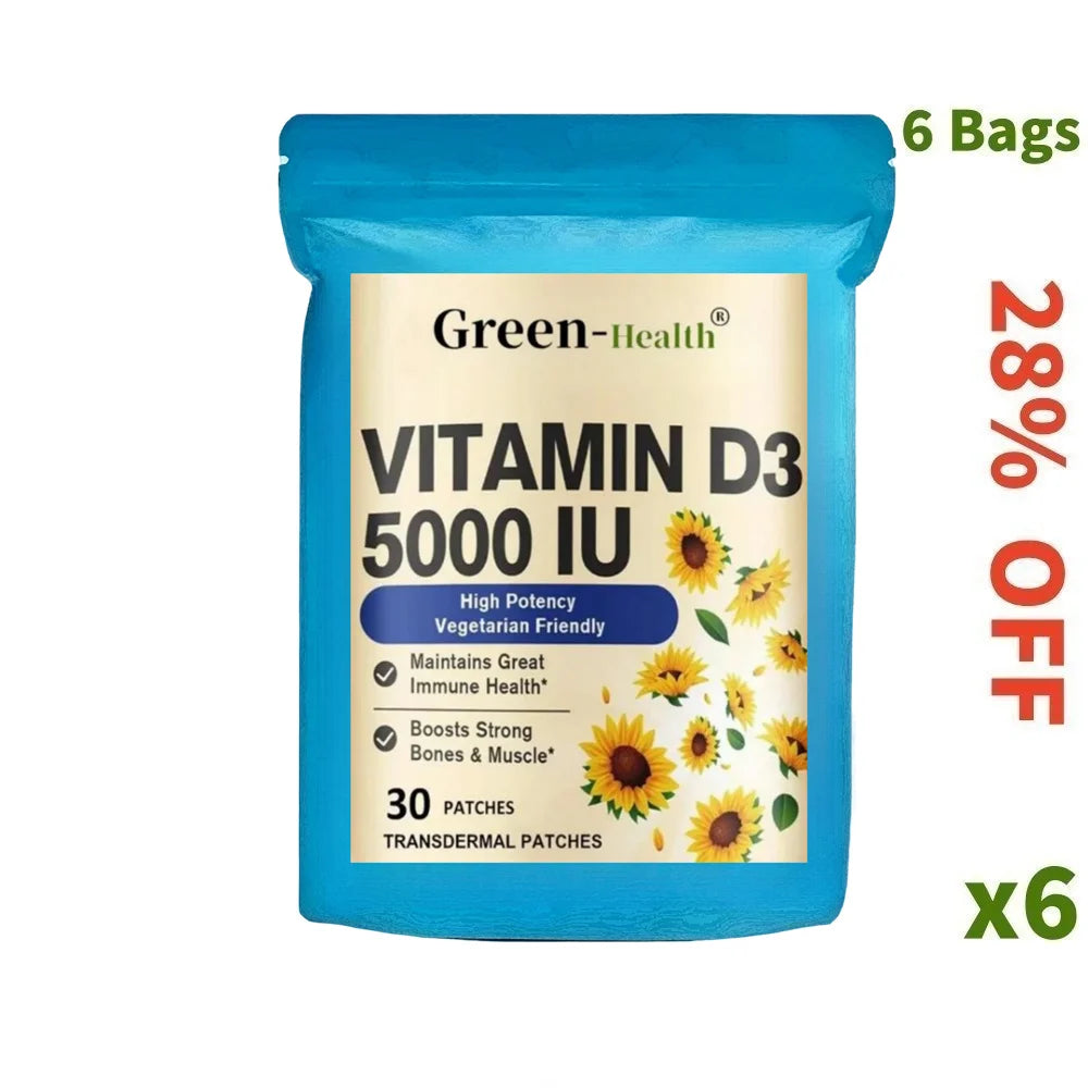 Tidesmit Vitamin D3 5000 IU transdermal patches for strong bones, muscle function, and cardiovascular health support.