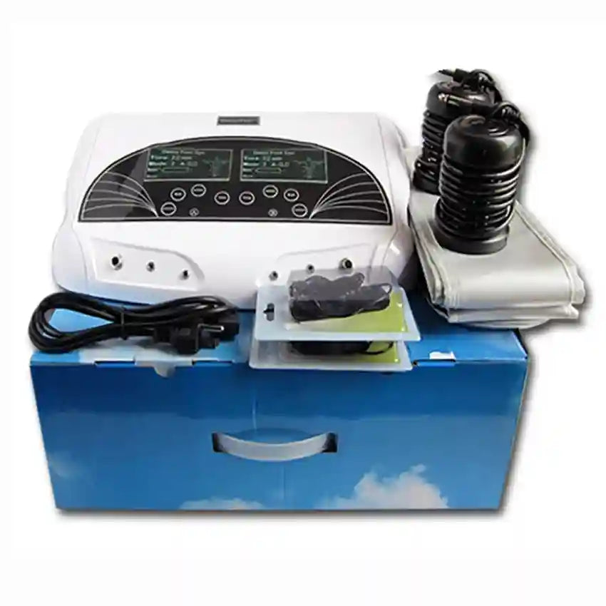 Dual ionic detox foot spa machine with control unit, two black ion arrays, and far infrared heating belt for home use.