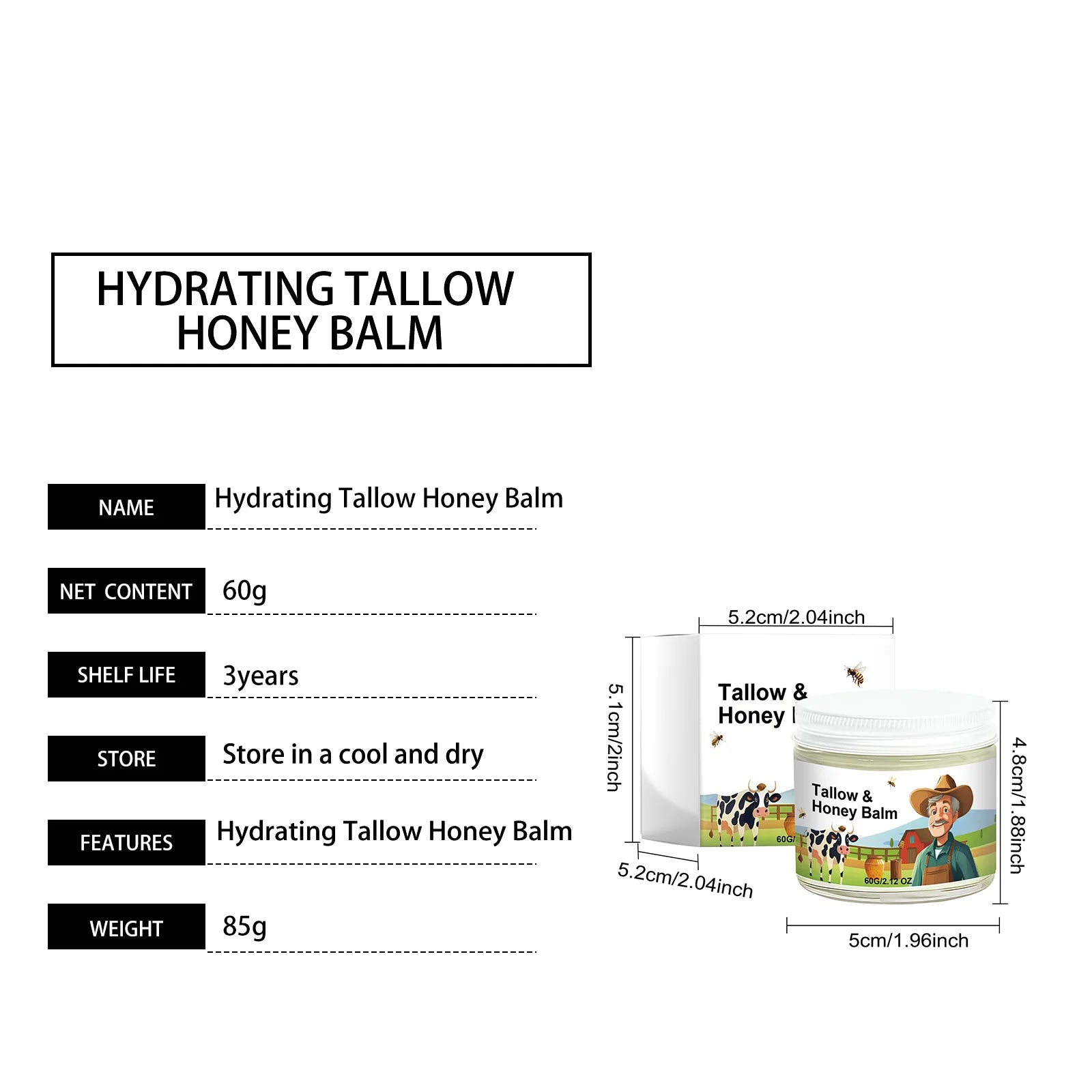Organic Grass-Fed Beef Tallow Balm with Raw Honey - Moisturizing Cream for Soft, Smooth Skin - Handmade All-Natural Moisturizer