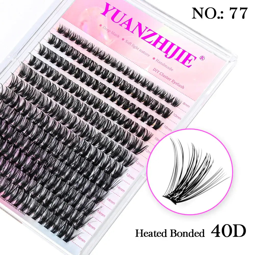 A tray of black, 40D cluster lashes with labeled lengths ranging from 8mm to 16mm, featuring a zoomed-in lash sample.