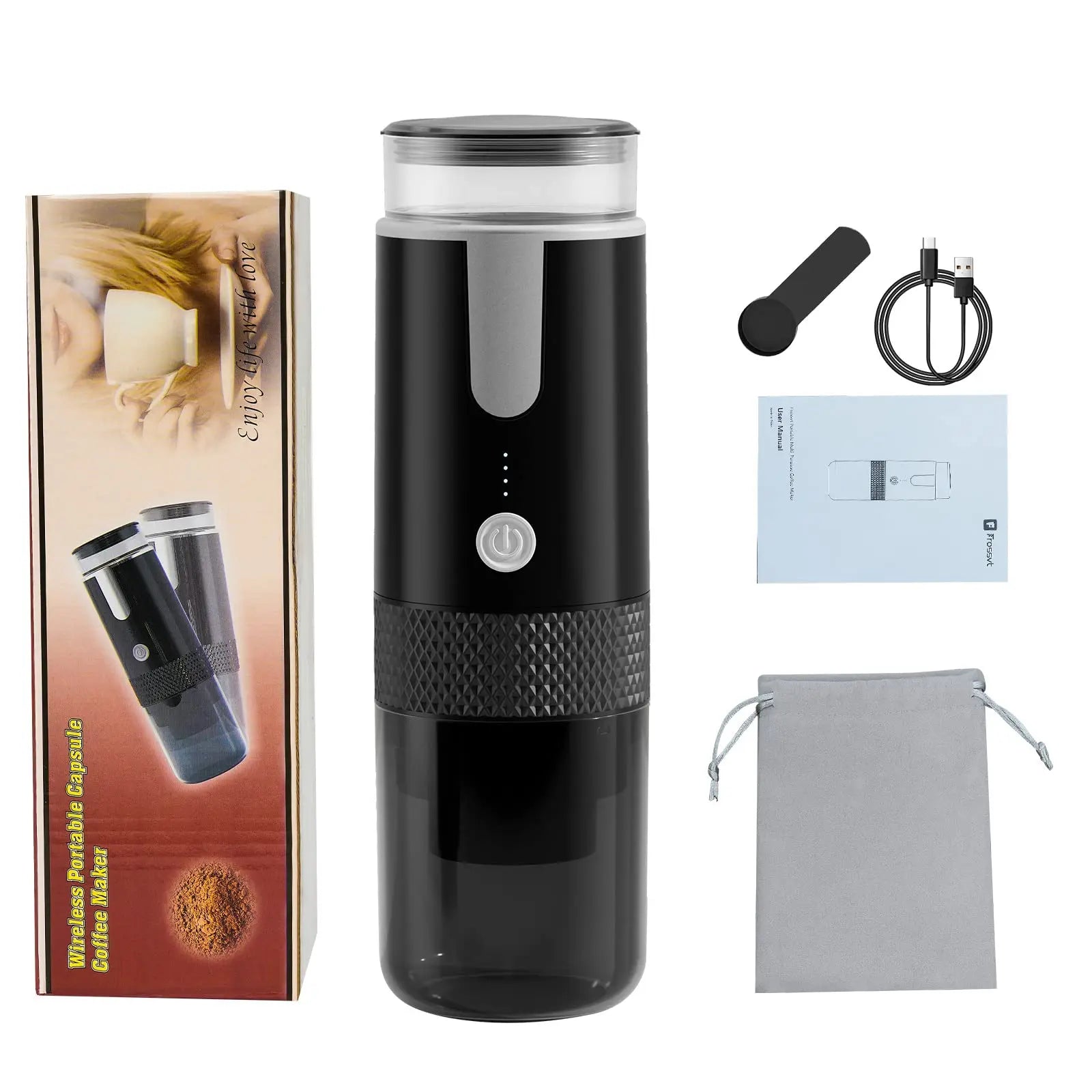 Frosevt portable wireless capsule coffee maker in black with power button, charger, and grey carry bag.