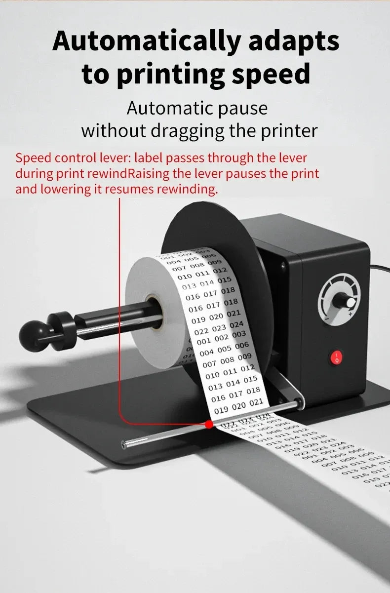 Auto-sensing label rewinder with black spindle and adjustable speed lever