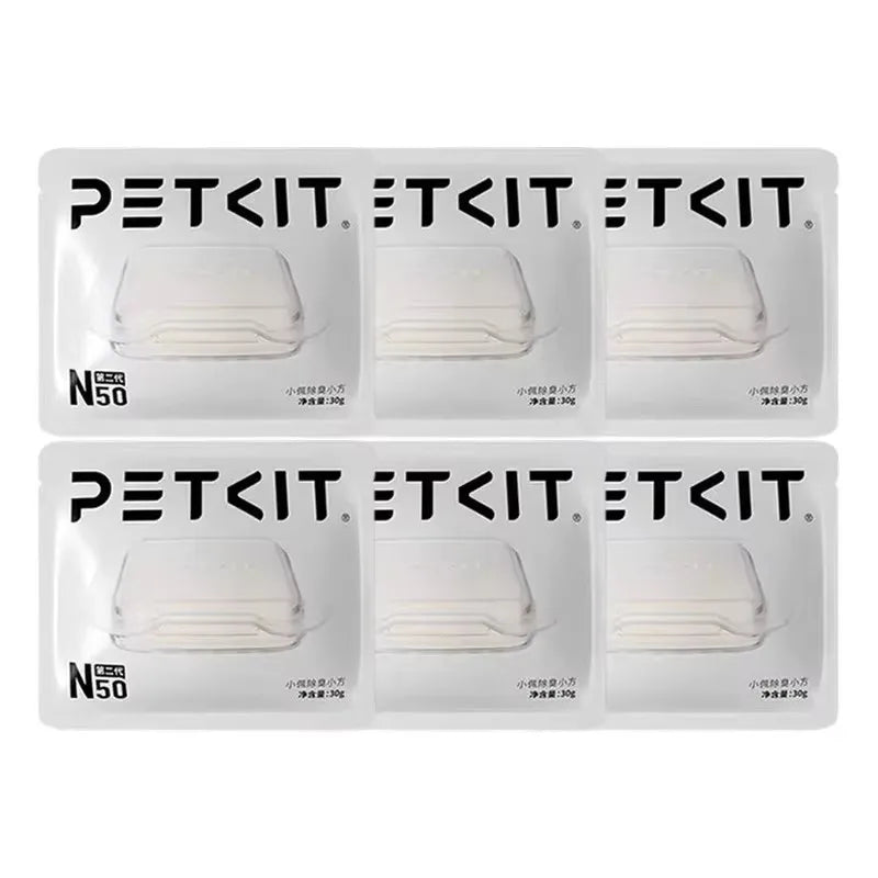 Six PETKIT N50 white plastic square deodorant cubes in individual sealed silver foil packs for PURA MAX cat litter boxes.