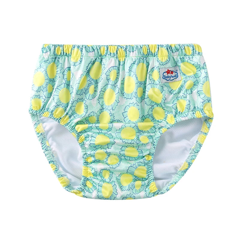 Babyland waterproof baby diaper cover in a yellow and mint floral print. Soft, reusable baby care essential.