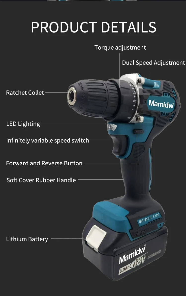 Mamidw 18V Brushless Cordless Drill, 2 Speed Adjustable Handheld Power Drill, Multi Torque Setting Electric Drill for Wood Metal Screwdriving & Drilling, Compatible with Makita 18V Battery PIN.