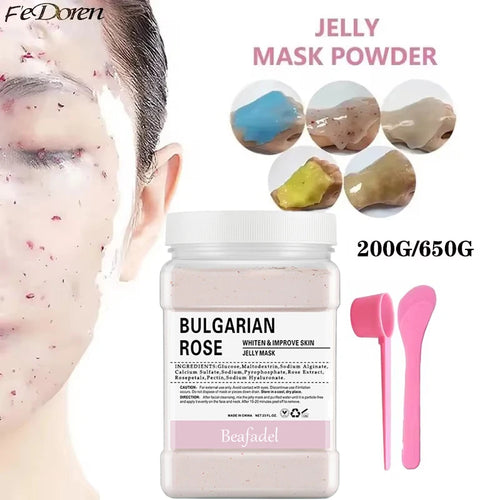 Bulgarian Rose jelly mask powder jar with rose-pink masking gel samples and scoop tools