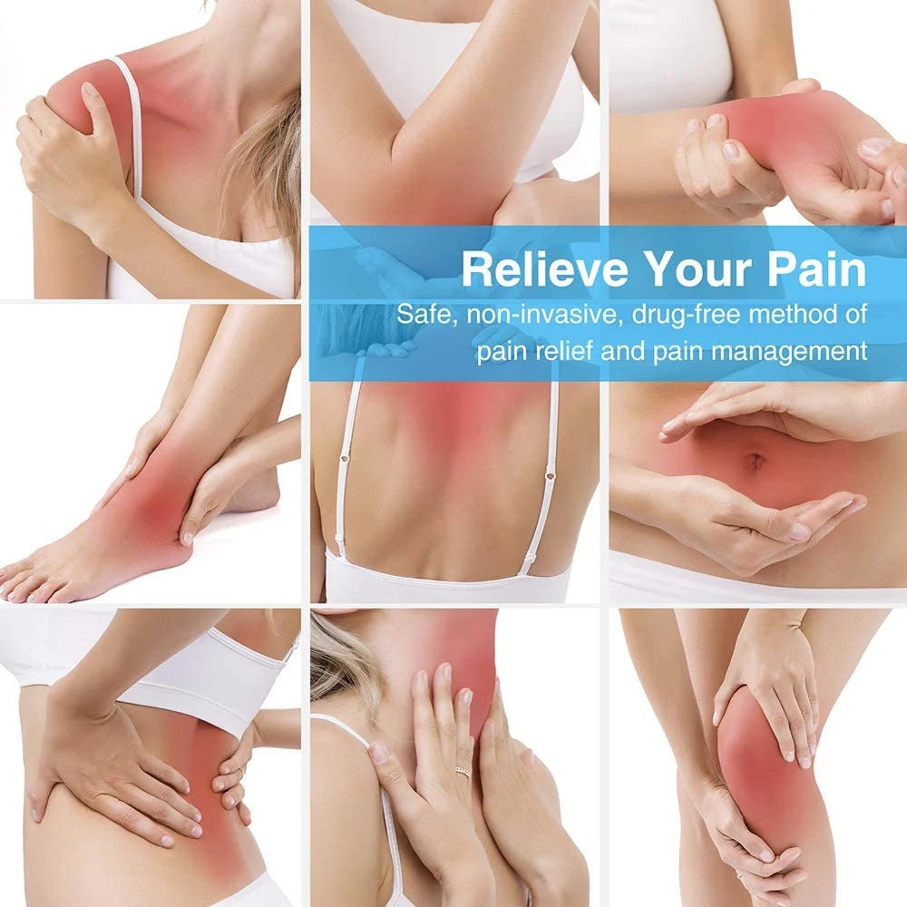 EMS pulse physiotherapy massager for muscle pain relief showing body areas with highlighted inflammation.