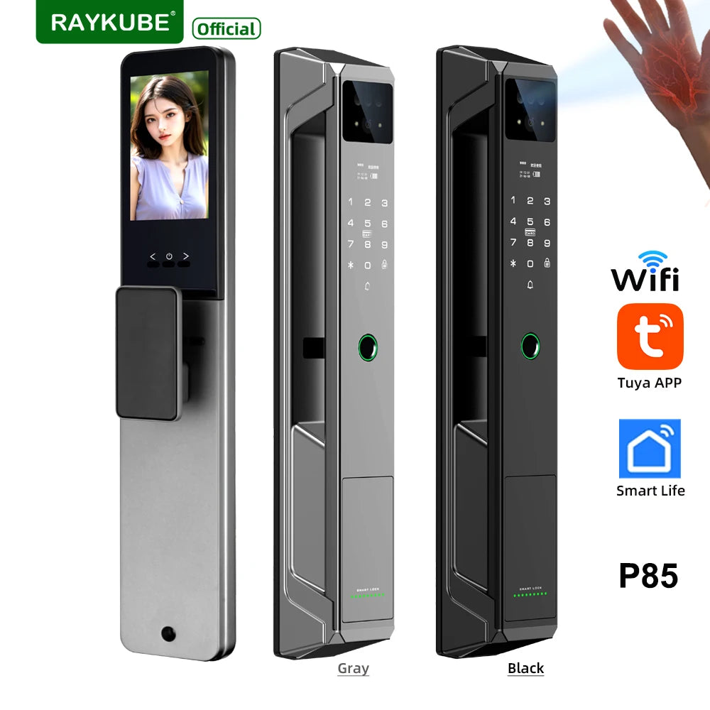 RAYKUBE 21-language Voice Camera Palm Vein Smart Fingerprint Lock Face Recognition Digital Lock With Video Call P85