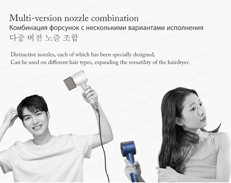 Blue professional leafless hair dryer with styling nozzle attachments for salon-quality quick drying and hair care.