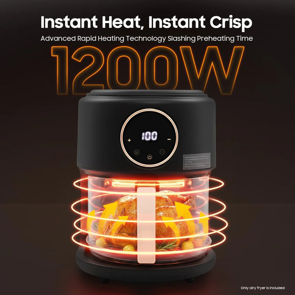 NEWEST 3.81Qt Airy Fryer 1200W Glass Air Fryer 360° Viewable Digital Airfryer Dehydrator Adjustable Temp 176℉ - 392℉ Nonstick 8 Presets Fast & Crispy Cooking Dishwasher Safe (Black)