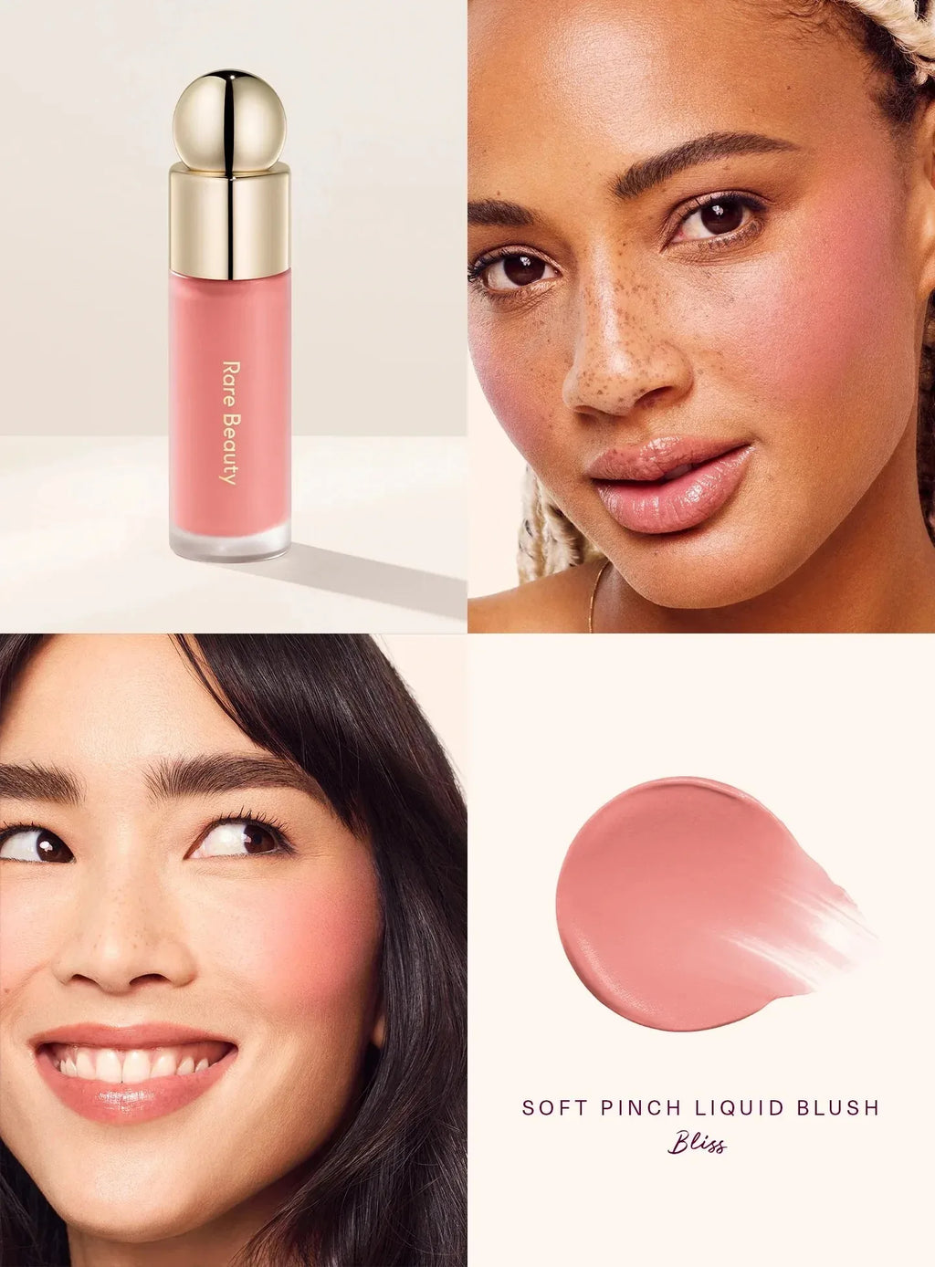 Rare Beauty Soft Pinch Liquid Blush in Bliss: pink cream formula shown in bottle, on skin, and as a color swatch.