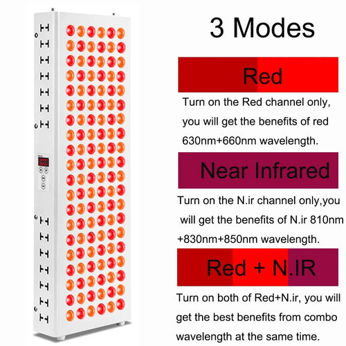 Tall rectangular red light therapy panel for wellness, featuring 630nm, 660nm, 810nm, 830nm, and 850nm LED wavelengths.