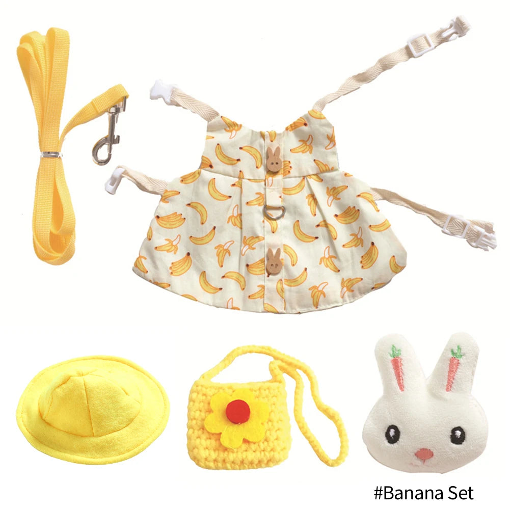 Cute yellow banana print rabbit harness, leash, hat, and bag set for safe outdoor walks for bunnies and guinea pigs.